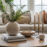 A bright and stylish living room designed for a home decor blog featured image. A modern round coffee table is styled with stacked books, a ceramic vase with fresh greenery, a decorative bowl with beads, and tall candles in holders. Behind the table, a cozy neutral sofa with layered throw pillows adds warmth, while natural light pours in through large windows. The scene feels inviting, chic, and polished.